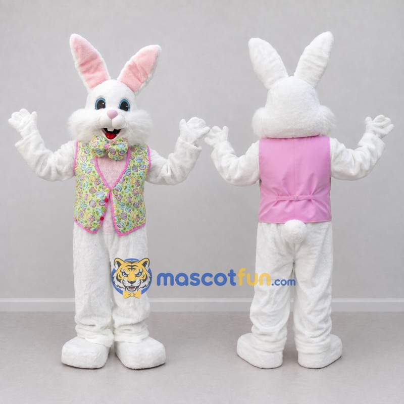 Custom White and Pink Rabbit in Floral Vest Mascot Costume Adult Full Body Suit for Easter Events Custom White and Pink Rabbit in Floral Vest Mascot Costume Adult Full Body Suit for Easter Events