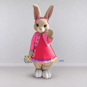 Custom Tan and Pink Rabbit in Dress Mascot Costume Adult Full Body Suit for Easter Events Custom Tan and Pink Rabbit in Dress Mascot Costume Adult Full Body Suit for Easter Events
