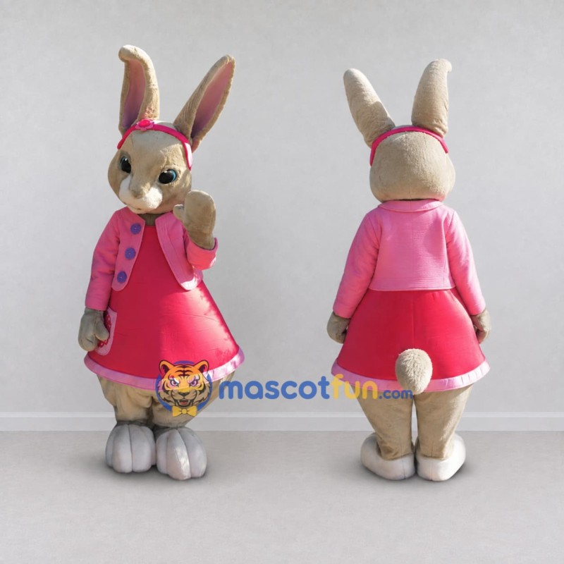 Custom Tan and Pink Rabbit in Dress Mascot Costume Adult Full Body Suit for Easter Events Custom Tan and Pink Rabbit in Dress Mascot Costume Adult Full Body Suit for Easter Events