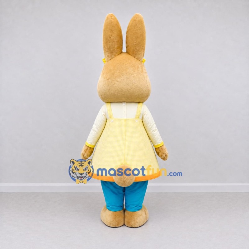 Custom Tan and Yellow Rabbit in Apron Dress Mascot Costume Adult Full Body Suit for Easter Events Custom Tan and Yellow Rabbit in Apron Dress Mascot Costume Adult Full Body Suit for Easter Events