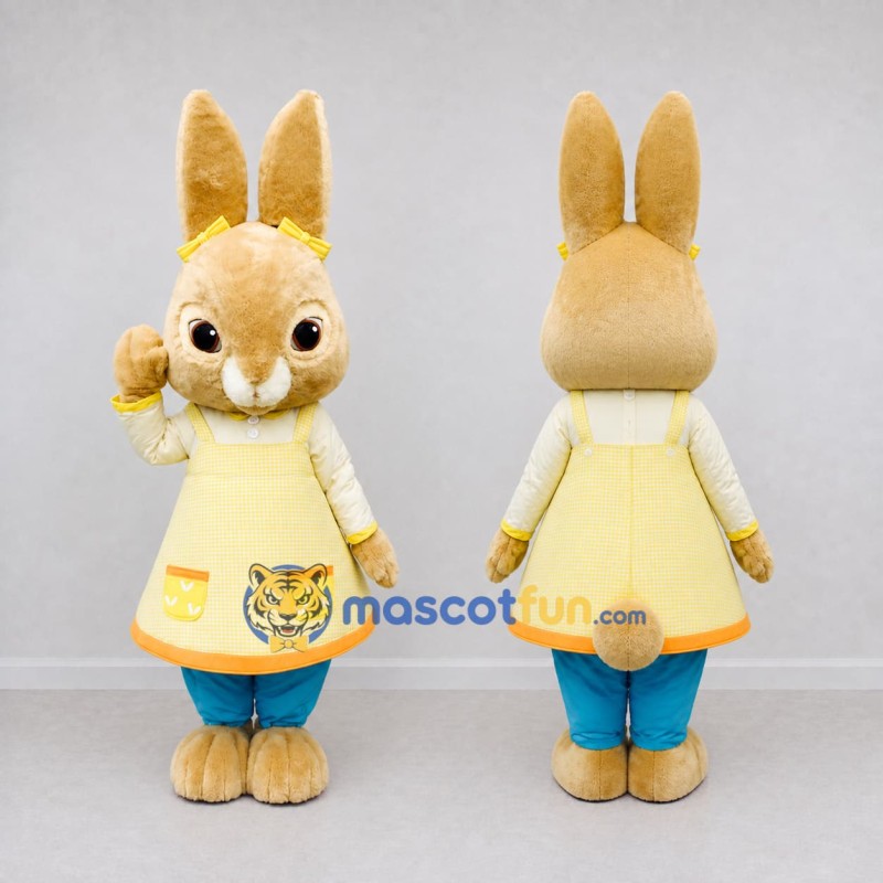 Custom Tan and Yellow Rabbit in Apron Dress Mascot Costume Adult Full Body Suit for Easter Events Custom Tan and Yellow Rabbit in Apron Dress Mascot Costume Adult Full Body Suit for Easter Events