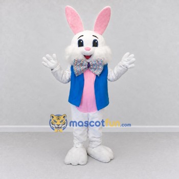 Custom White Blue and Pink Rabbit in Vest Mascot Costume Adult Full Body Suit for Easter Events Custom White Blue and Pink Rabbit in Vest Mascot Costume Adult Full Body Suit for Easter Events