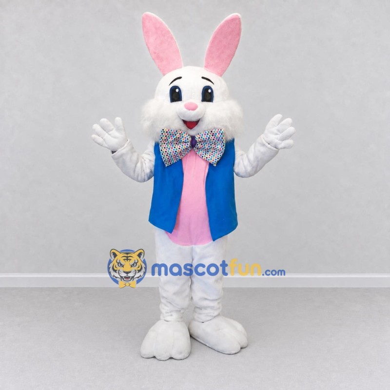 Custom White Blue and Pink Rabbit in Vest Mascot Costume Adult Full Body Suit for Easter Events Custom White Blue and Pink Rabbit in Vest Mascot Costume Adult Full Body Suit for Easter Events