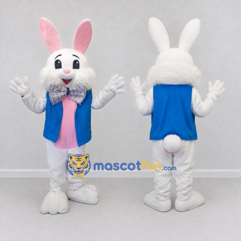 Custom White Blue and Pink Rabbit in Vest Mascot Costume Adult Full Body Suit for Easter Events Custom White Blue and Pink Rabbit in Vest Mascot Costume Adult Full Body Suit for Easter Events