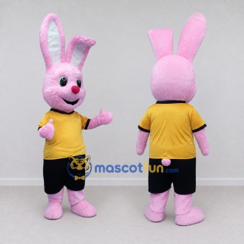 Custom Pink Yellow and Black Rabbit in Sportswear Mascot Costume Adult Full Body Suit for Sports Events