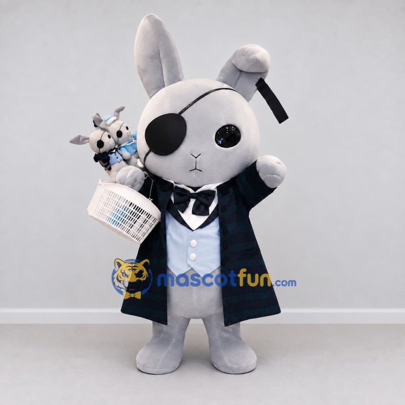 Custom Gray and Black Rabbit with Eye Patch Mascot Costume Adult Full Body Suit for Themed Parties Custom Gray and Black Rabbit with Eye Patch Mascot Costume Adult Full Body Suit for Themed Parties