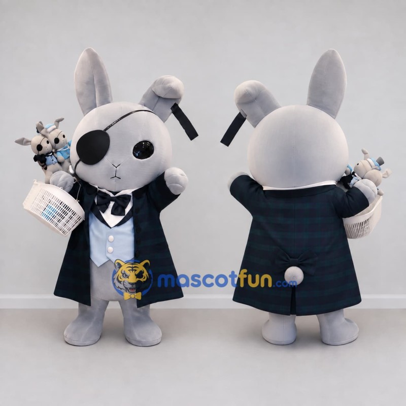 Custom Gray and Black Rabbit with Eye Patch Mascot Costume Adult Full Body Suit for Themed Parties Custom Gray and Black Rabbit with Eye Patch Mascot Costume Adult Full Body Suit for Themed Parties