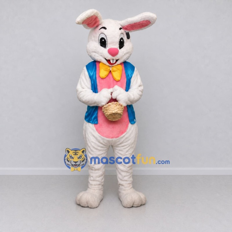 Custom White Blue and Pink Rabbit in Vest Mascot Costume Adult Full Body Suit for Easter Events Custom White Blue and Pink Rabbit in Vest Mascot Costume Adult Full Body Suit for Easter Events