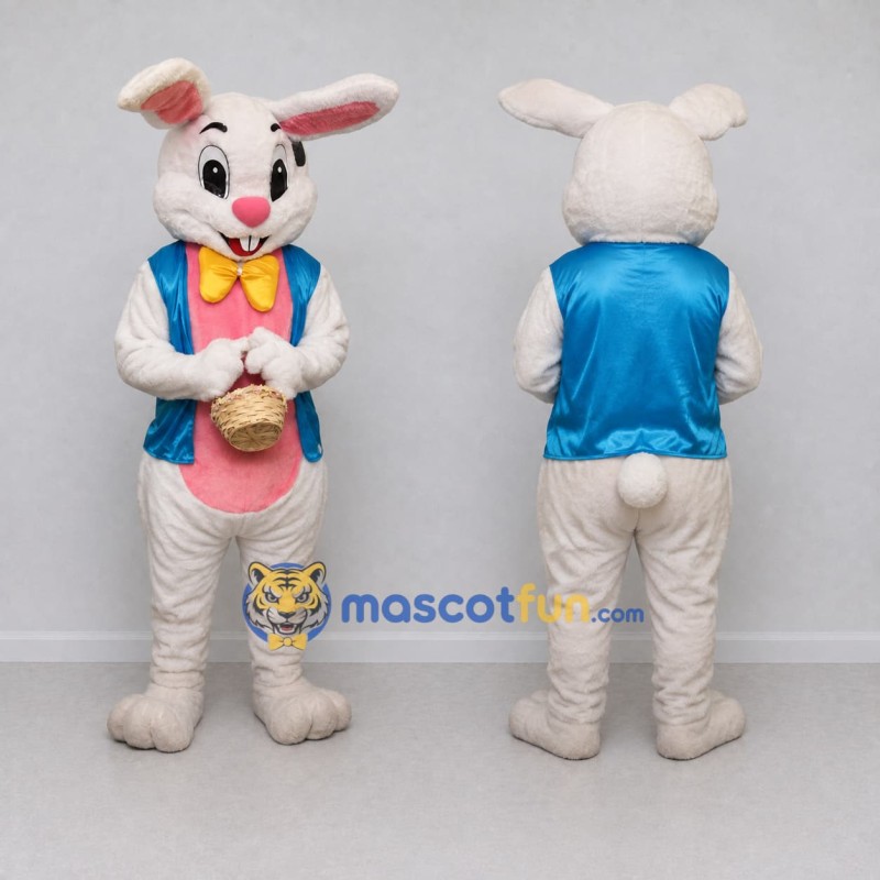 Custom White Blue and Pink Rabbit in Vest Mascot Costume Adult Full Body Suit for Easter Events Custom White Blue and Pink Rabbit in Vest Mascot Costume Adult Full Body Suit for Easter Events