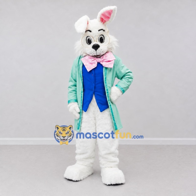 Custom White and Mint Green Rabbit in Tailcoat Mascot Costume Adult Full Body Suit for Easter Events Custom White and Mint Green Rabbit in Tailcoat Mascot Costume Adult Full Body Suit for Easter Events