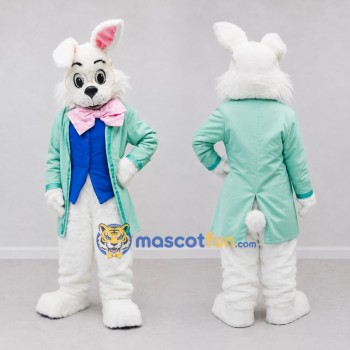 Custom White and Mint Green Rabbit in Tailcoat Mascot Costume Adult Full Body Suit for Easter Events