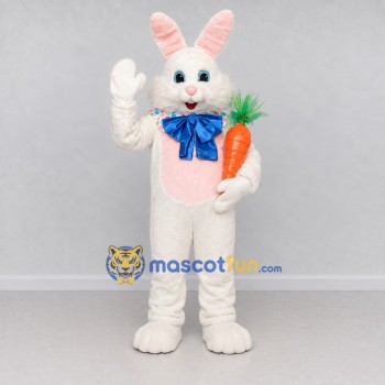 Custom White Pink and Blue Rabbit with Carrot Mascot Costume Adult Full Body Suit for Easter Events Custom White Pink and Blue Rabbit with Carrot Mascot Costume Adult Full Body Suit for Easter Events