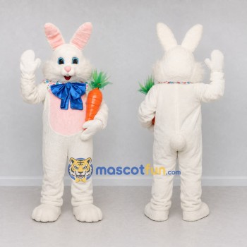 Custom White Pink and Blue Rabbit with Carrot Mascot Costume Adult Full Body Suit for Easter Events