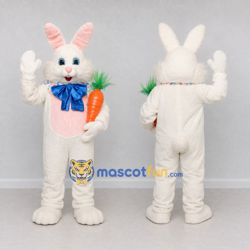 Custom White Pink and Blue Rabbit with Carrot Mascot Costume Adult Full Body Suit for Easter Events Custom White Pink and Blue Rabbit with Carrot Mascot Costume Adult Full Body Suit for Easter Events