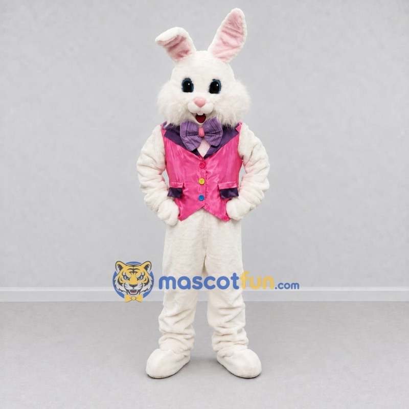 Custom White and Pink Rabbit in Vest Mascot Costume Adult Full Body Suit for Easter Events Custom White and Pink Rabbit in Vest Mascot Costume Adult Full Body Suit for Easter Events