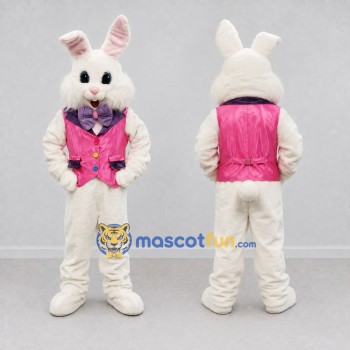 Custom White and Pink Rabbit in Vest Mascot Costume Adult Full Body Suit for Easter Events