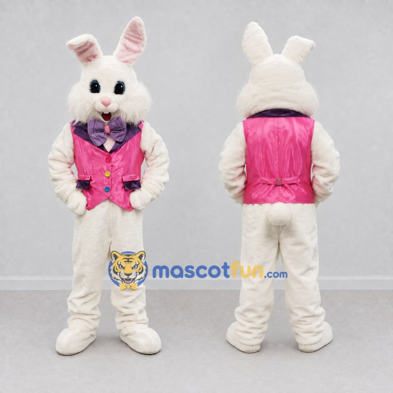 Custom White and Pink Rabbit in Vest Mascot Costume Adult Full Body Suit for Easter Events Custom White and Pink Rabbit in Vest Mascot Costume Adult Full Body Suit for Easter Events