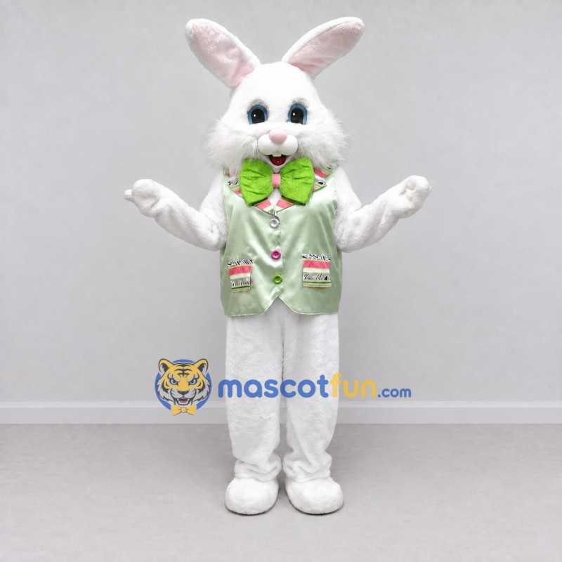 Custom White and Green Rabbit in Vest Mascot Costume Adult Full Body Suit for Easter Events Custom White and Green Rabbit in Vest Mascot Costume Adult Full Body Suit for Easter Events