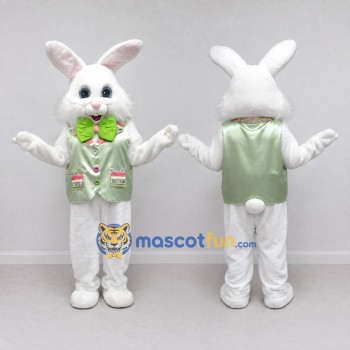 Custom White and Green Rabbit in Vest Mascot Costume Adult Full Body Suit for Easter Events