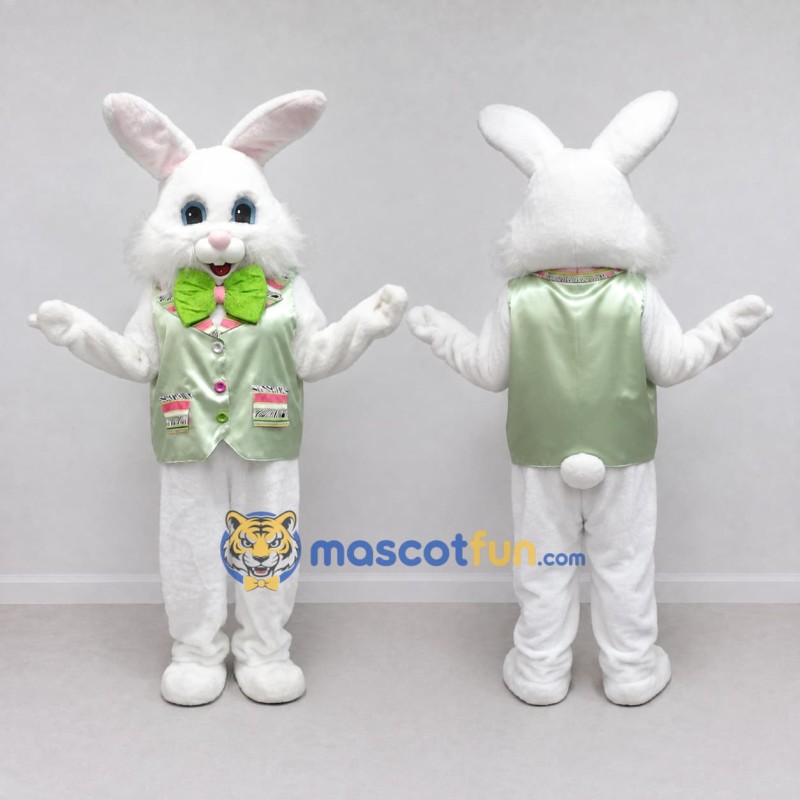 Custom White and Green Rabbit in Vest Mascot Costume Adult Full Body Suit for Easter Events Custom White and Green Rabbit in Vest Mascot Costume Adult Full Body Suit for Easter Events