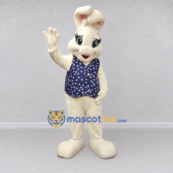 Custom Cream and Navy Blue Rabbit in Polka Dot Vest Mascot Costume Adult Full Body Suit for Easter Events Custom Cream and Navy Blue Rabbit in Polka Dot Vest Mascot Costume Adult Full Body Suit for Easter Events