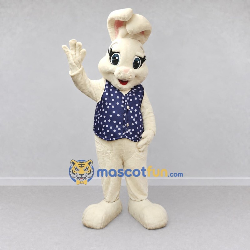 Custom Cream and Navy Blue Rabbit in Polka Dot Vest Mascot Costume Adult Full Body Suit for Easter Events