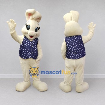 Custom Cream and Navy Blue Rabbit in Polka Dot Vest Mascot Costume Adult Full Body Suit for Easter Events