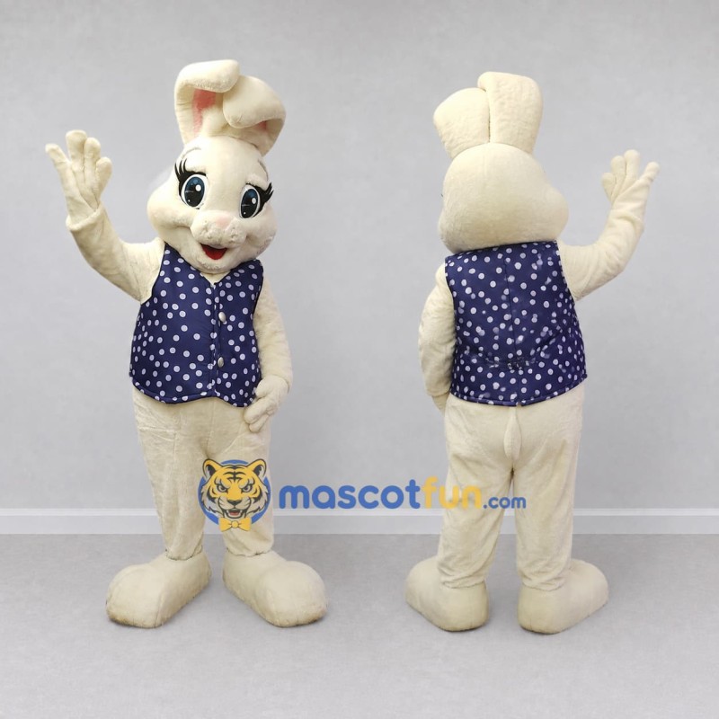 Custom Cream and Navy Blue Rabbit in Polka Dot Vest Mascot Costume Adult Full Body Suit for Easter Events