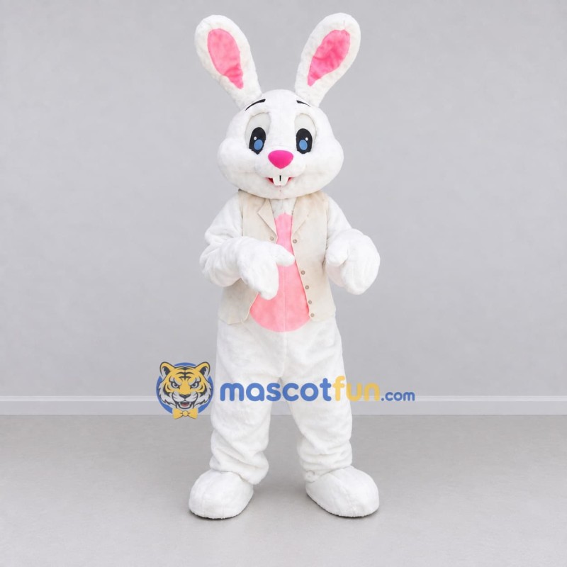 Custom White and Pink Rabbit in Vest Mascot Costume Adult Full Body Suit for Easter Events Custom White and Pink Rabbit in Vest Mascot Costume Adult Full Body Suit for Easter Events