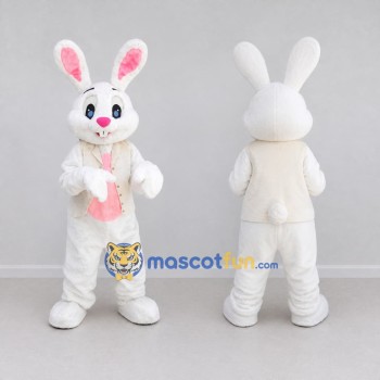 Custom White and Pink Rabbit in Vest Mascot Costume Adult Full Body Suit for Easter Events
