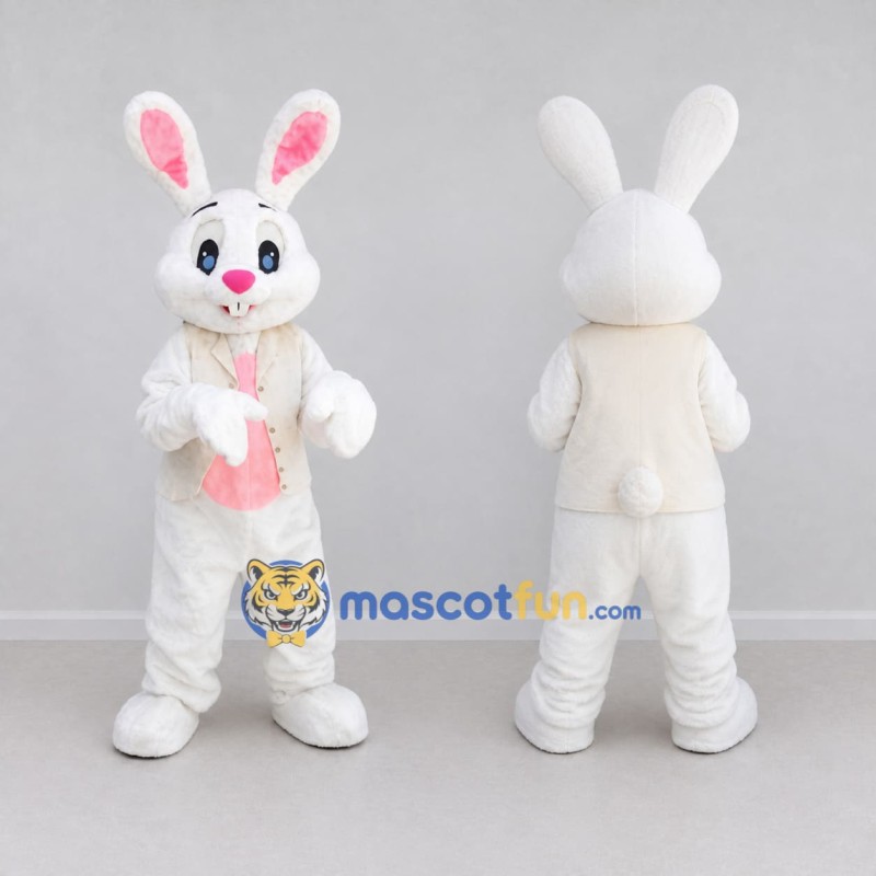 Custom White and Pink Rabbit in Vest Mascot Costume Adult Full Body Suit for Easter Events Custom White and Pink Rabbit in Vest Mascot Costume Adult Full Body Suit for Easter Events