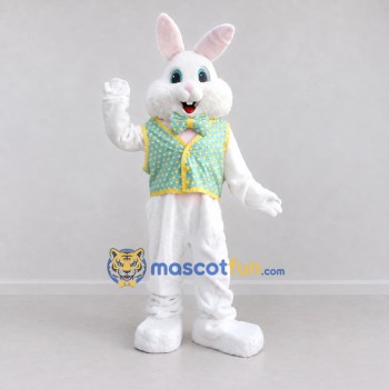 Custom White Turquoise and Yellow Rabbit in Patterned Vest Mascot Costume Adult Full Body Suit for Easter Events Custom White Turquoise and Yellow Rabbit in Patterned Vest Mascot Costume Adult Full Body Suit for Easter Events
