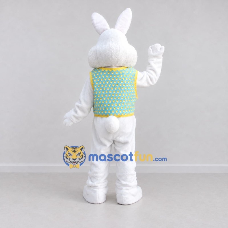 Custom White Turquoise and Yellow Rabbit in Patterned Vest Mascot Costume Adult Full Body Suit for Easter Events Custom White Turquoise and Yellow Rabbit in Patterned Vest Mascot Costume Adult Full Body Suit for Easter Events