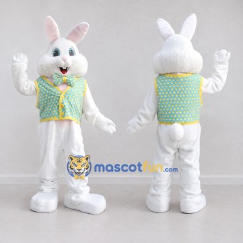 Custom White Turquoise and Yellow Rabbit in Patterned Vest Mascot Costume Adult Full Body Suit for Easter Events