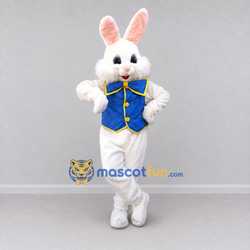Custom White and Blue Rabbit in Vest Mascot Costume Adult Full Body Suit for Easter Events Custom White and Blue Rabbit in Vest Mascot Costume Adult Full Body Suit for Easter Events