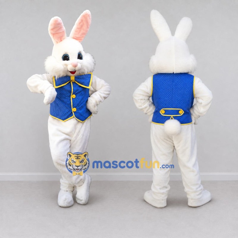 Custom White and Blue Rabbit in Vest Mascot Costume Adult Full Body Suit for Easter Events Custom White and Blue Rabbit in Vest Mascot Costume Adult Full Body Suit for Easter Events