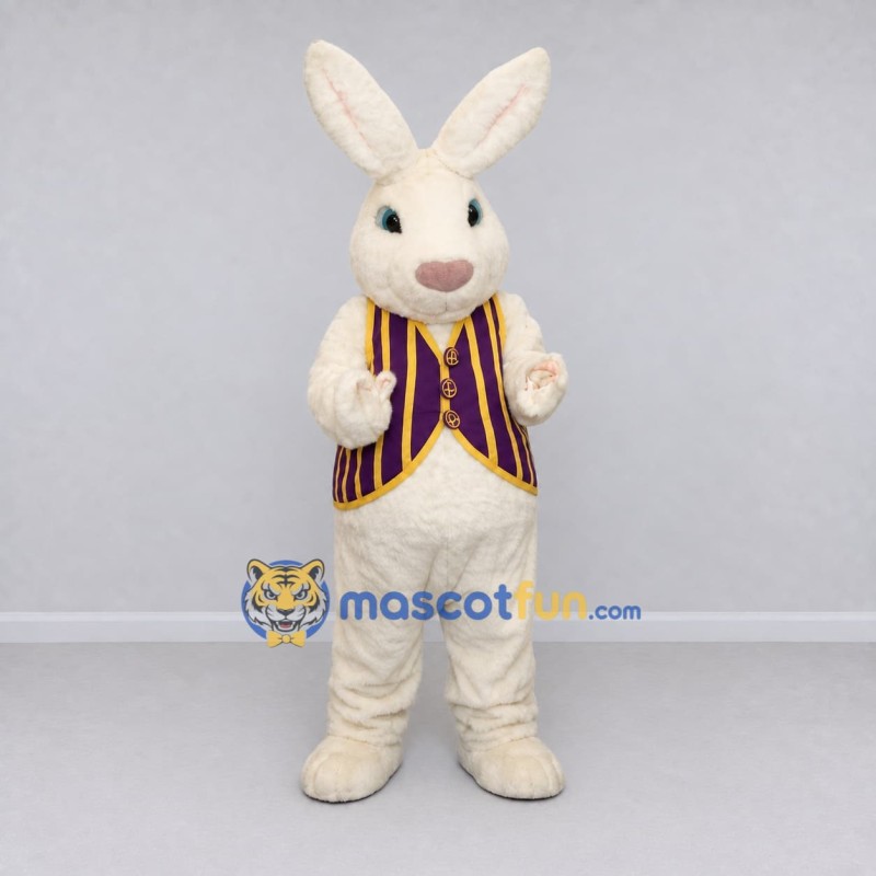 Custom Cream Purple and Yellow Rabbit in Striped Vest Mascot Costume Adult Full Body Suit for Easter Events