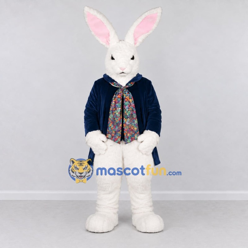 Custom White and Navy Blue Rabbit in Coat Mascot Costume Adult Full Body Suit for Easter Events Custom White and Navy Blue Rabbit in Coat Mascot Costume Adult Full Body Suit for Easter Events