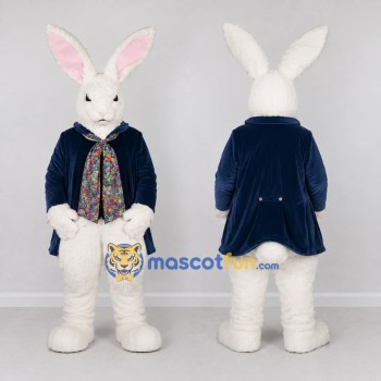 Custom White and Navy Blue Rabbit in Coat Mascot Costume Adult Full Body Suit for Easter Events