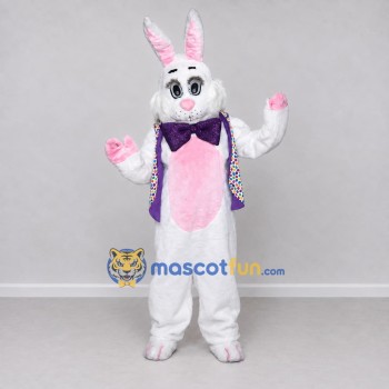 Custom White Pink and Purple Rabbit in Patterned Vest Mascot Costume Adult Full Body Suit for Easter Events Custom White Pink and Purple Rabbit in Patterned Vest Mascot Costume Adult Full Body Suit for Easter Events