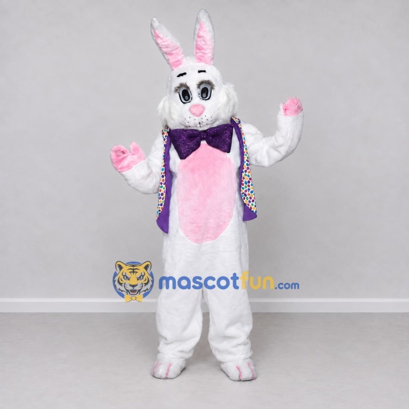 Custom White Pink and Purple Rabbit in Patterned Vest Mascot Costume Adult Full Body Suit for Easter Events Custom White Pink and Purple Rabbit in Patterned Vest Mascot Costume Adult Full Body Suit for Easter Events