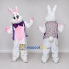 Custom White Pink and Purple Rabbit in Patterned Vest Mascot Costume Adult Full Body Suit for Easter Events Custom White Pink and Purple Rabbit in Patterned Vest Mascot Costume Adult Full Body Suit for Easter Events