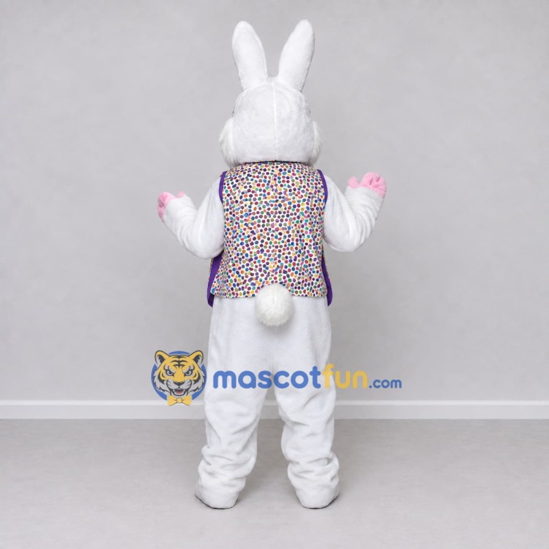 Custom White Pink and Purple Rabbit in Patterned Vest Mascot Costume Adult Full Body Suit for Easter Events Custom White Pink and Purple Rabbit in Patterned Vest Mascot Costume Adult Full Body Suit for Easter Events
