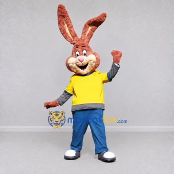 Custom Brown Yellow and Blue Rabbit in T-Shirt Mascot Costume Adult Full Body Suit for Easter Events Custom Brown Yellow and Blue Rabbit in T-Shirt Mascot Costume Adult Full Body Suit for Easter Events