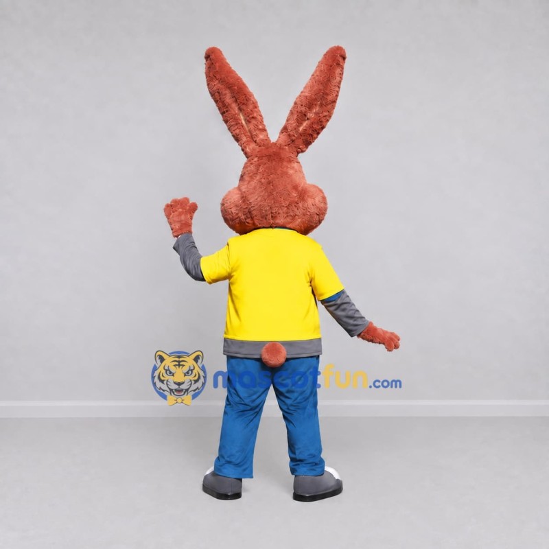 Custom Brown Yellow and Blue Rabbit in T-Shirt Mascot Costume Adult Full Body Suit for Easter Events Custom Brown Yellow and Blue Rabbit in T-Shirt Mascot Costume Adult Full Body Suit for Easter Events