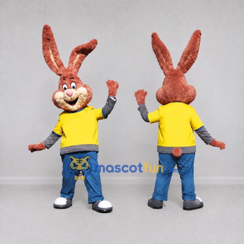Custom Brown Yellow and Blue Rabbit in T-Shirt Mascot Costume Adult Full Body Suit for Easter Events Custom Brown Yellow and Blue Rabbit in T-Shirt Mascot Costume Adult Full Body Suit for Easter Events