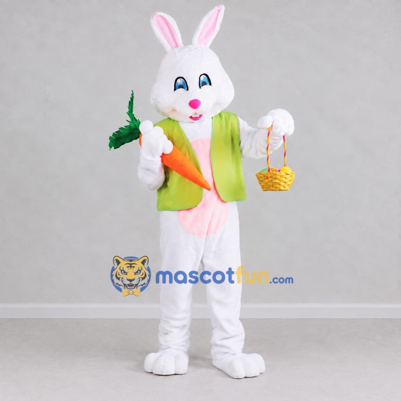 Custom White and Lime Green Rabbit with Carrot Mascot Costume Adult Full Body Suit for Easter Events Custom White and Lime Green Rabbit with Carrot Mascot Costume Adult Full Body Suit for Easter Events