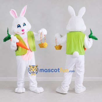 Custom White and Lime Green Rabbit with Carrot Mascot Costume Adult Full Body Suit for Easter Events