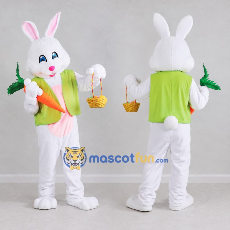Custom White and Lime Green Rabbit with Carrot Mascot Costume Adult Full Body Suit for Easter Events Custom White and Lime Green Rabbit with Carrot Mascot Costume Adult Full Body Suit for Easter Events
