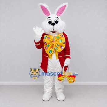 Custom White Red and Yellow Rabbit in Tailcoat Mascot Costume Adult Full Body Suit for Easter Events Custom White Red and Yellow Rabbit in Tailcoat Mascot Costume Adult Full Body Suit for Easter Events
